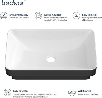 Lordear Vessel Sink Rectangle 19 Inch Bathroom Sinks 19"x12" Inch Semi Recessed Sink 5'' Deep Rectangular White Ceramic Modern Vanity Sink Bath Wash Above Counter Basin