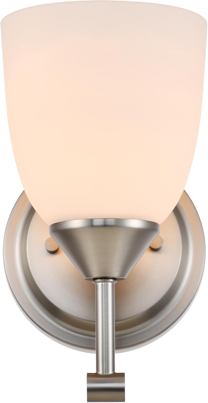 Traditional 1-Light Indoor Wall Sconce with Frosted Glass Bathroom Bedroom Hallway, 9.6" H x 5.5" W, Brushed Nickel