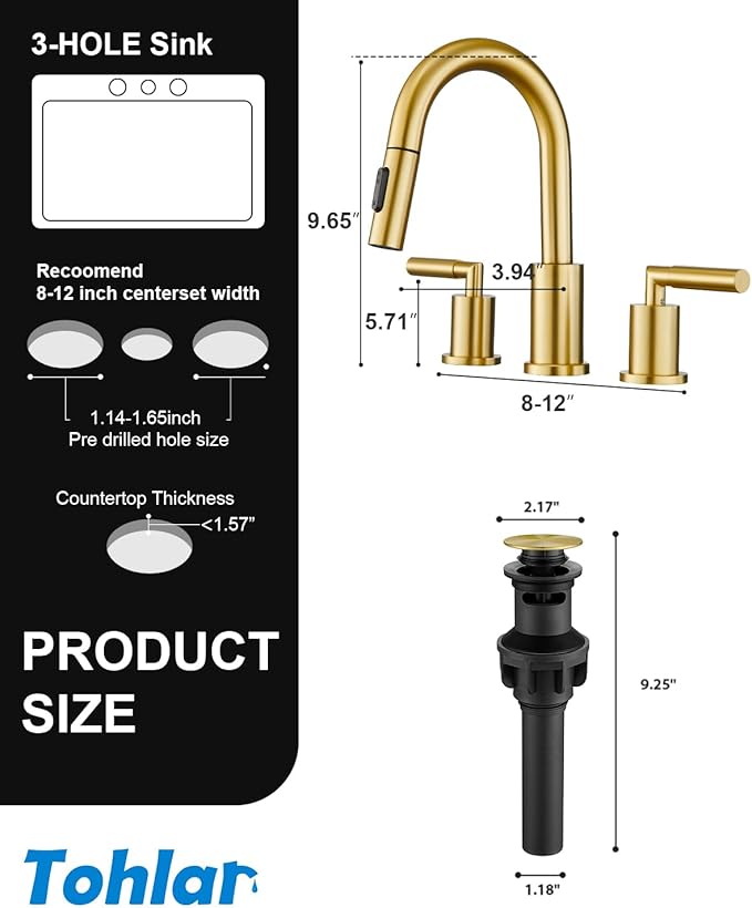 Tohlar Gold Bathroom Faucet with Sprayer, Widespread Bathroom Faucets Gold 8 Inch Basin Sink Tap 3 Holes, 2 Handle Vanity Faucet with Pull Out Sprayer Pop Up Drain Assembly Included