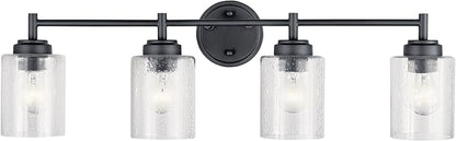 Kichler Winslow 30" 4-Light Vanity Light in a Rich Black with Clear Seeded Glass for Bathroom and Powder Room Vanity, Luxe Industrial Style, (30" x 9.25"), 45887BK