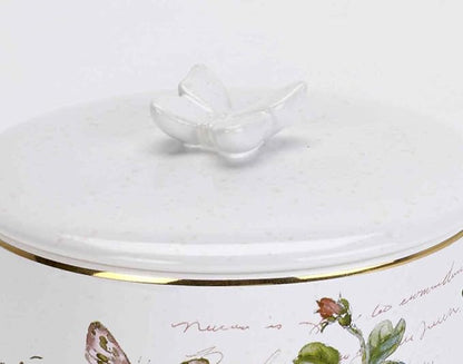 Avanti Linens - Covered Jar, Multipurpose Countertop Organizer, Ceramic Bathroom Decor (Butterfly Garden Collection), White