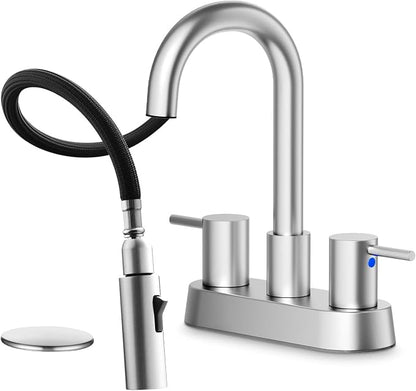 Stainless Steel Brushed Nickel Bathroom Faucet with Pull Out Sprayer, Dual-Function Spout Bathroom Sink Faucets, 4 Inch Two Handle Utility Sink Faucet with Sprayer 3 Hole, Pet Shower, RVs