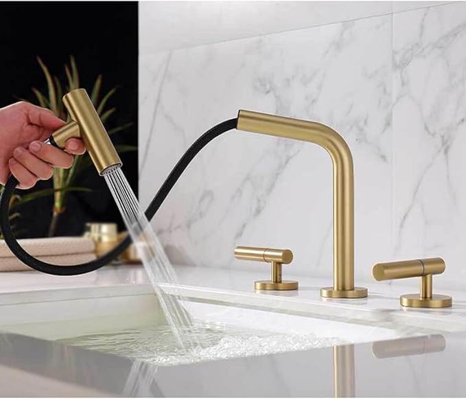 3 Hole Basin Faucets Pull Out Basin Mixer Faucet Brushed Gold Bathroom Mixer Faucet Brass-Brushed Gold