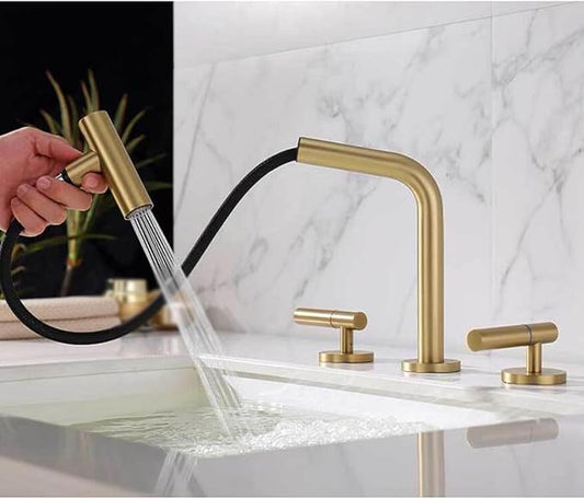 3 Hole Basin Faucets Pull Out Basin Mixer Faucet Brushed Gold Bathroom Mixer Faucet Brass-Brushed Gold