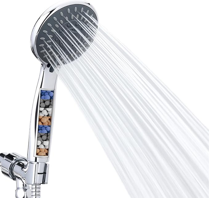 High Pressure Handheld Shower Head 5-Settings with Hard Water Filter | Powerful Water Spray, Against Low Pressure Water Flow, 59 Inch Stainless Hose, Adjustable Mount