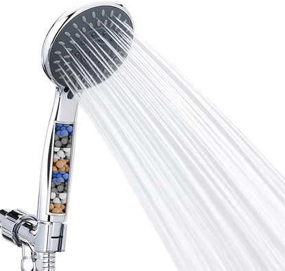 High Pressure Handheld Shower Head 5-Settings with Hard Water Filter | Powerful Water Spray, Against Low Pressure Water Flow, 59 Inch Stainless Hose, Adjustable Mount
