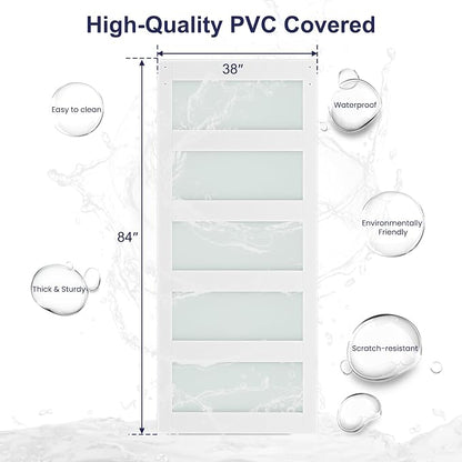 SMARTSTANDARD 38 x 84 in Glass Barn Door with 6.6FT Silver Sliding Hardware | Brushed Nickel Sliding Hardware Kit & Handle, Pre-Drilled Ready to Assemble, Waterproof PVC Coating, White, 5-Panel Glass
