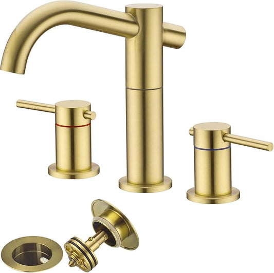 Brushed Gold 8 Inch Widespread Bathroom Faucet, 2-Handle Brass Vanity Sink Faucet 3 Hole with Metal Overflow Drain and cUPC Waterlines, 360-Degree Swivel Spout