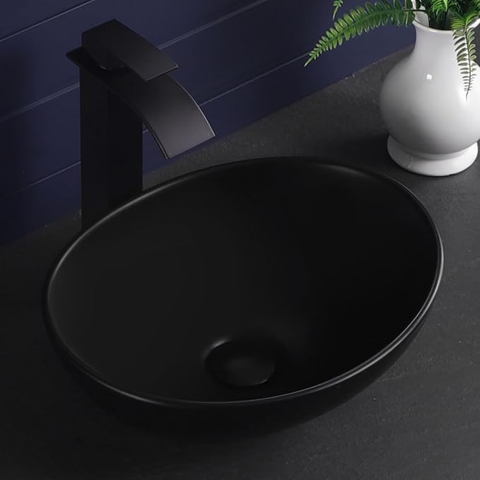 Vessel Sink 16"x13" Oval Bathroom Sink Modern Black Porcelain Ceramic Above Counter Drop-in Vanity Sink for Bathrooms Art Basin