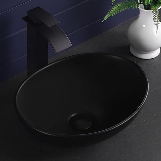 Vessel Sink 16"x13" Oval Bathroom Sink Modern Black Porcelain Ceramic Above Counter Drop-in Vanity Sink for Bathrooms Art Basin
