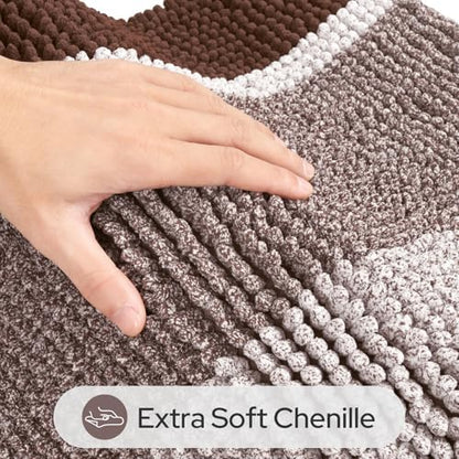 HOMEIDEAS Brown Bathroom Rugs Set of 2, Striped Chenille, 20"x32"+17"x24"