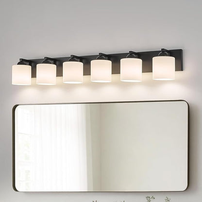 mirrea 44-Inch 6-Light Black Vanity Lights for Bathroom, Vanity Lighting Fixtures with Etched White Glass Shades