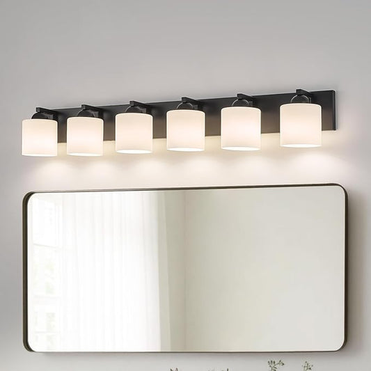 mirrea 44-Inch 6-Light Black Vanity Lights for Bathroom, Vanity Lighting Fixtures with Etched White Glass Shades