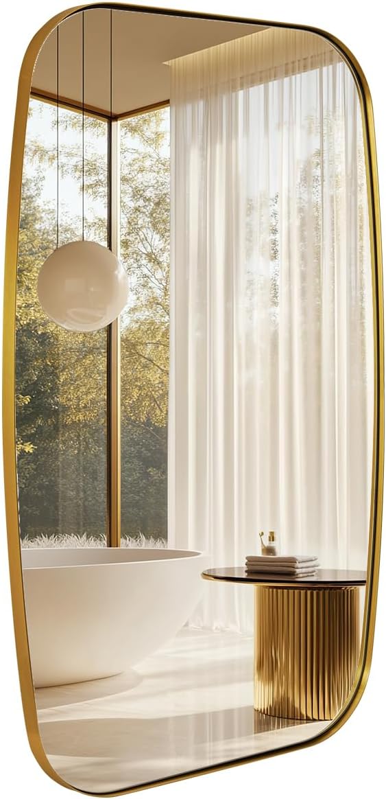 24x40” Gold Bathroom Mirror, Oblong Brass Mirror with Stainless Steel Metal Frame, Brushed Gold Oval Vanity Mirror for Over Sink, Modern Anti Rust Wall Mounted