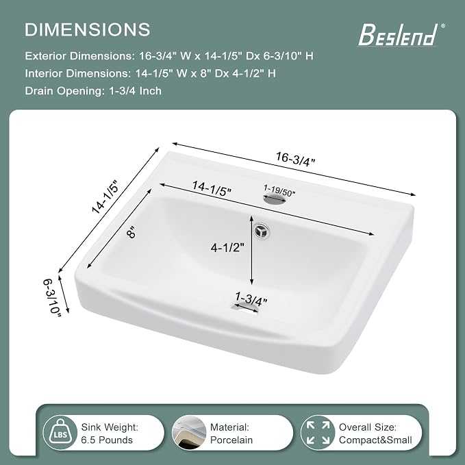 Wall Mount Vessel Sink | Beslend 17x14 Inch White Ceramic Vessel Sink, Rectangular White Art Hand Wash Basin with Overflow and Hole, Space-Saving