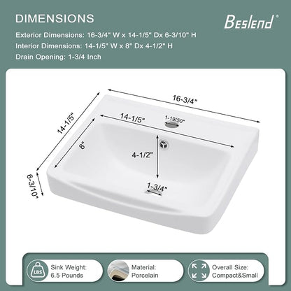 Wall Mount Vessel Sink | Beslend 17x14 Inch White Ceramic Vessel Sink, Rectangular White Art Hand Wash Basin with Overflow and Hole, Space-Saving