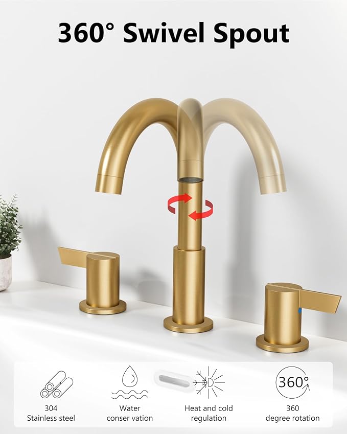 Bathroom Sink Faucet 3 Hole 8 Inch Widespread 2-Handle Vanity Faucet SUS304 Stainless Steel with Pop-Up Drain and Supply Lines Brushed Gold