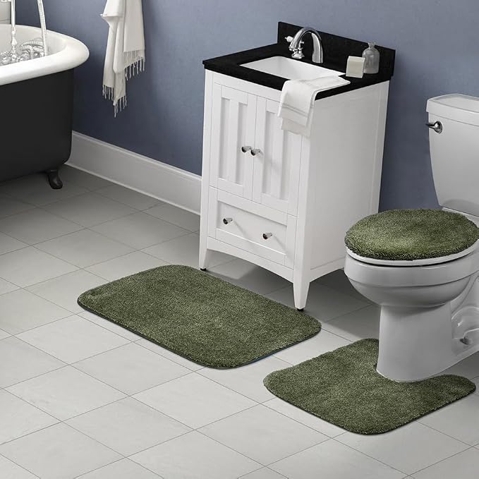 Garland Rug Traditional Nylon Washable Deep Fern 3 Piece Set - Lid, Contour, Bath Rug - Soft, Absorbent, and Stylish for Your Bathroom