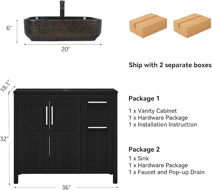 YOURLITE 36" Bathroom Vanity with Sink, Black Bathroom Vanity and Sink Combo with Faucet & Pop Up Drain Set,Traditional Vanity with with Black & Gold Ceramic Sink