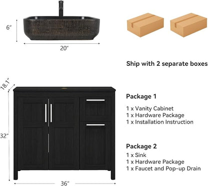 YOURLITE 36" Bathroom Vanity with Sink, Black Bathroom Vanity and Sink Combo with Faucet & Pop Up Drain Set,Traditional Vanity with with Black & Gold Ceramic Sink
