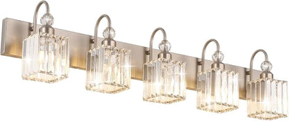 Ralbay Brushed Nickel Bathroom Vanity Light Crystal Modern 5 Light Bathroom Wall Lighting Fixtures Over Mirror