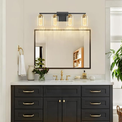 4-Light Black & Gold Bathroom Vanity Light with 3 Color Modes (3000K/4000K/6000K), Dimmable Modern Wall Light Over Mirror with Clear Glass Shade