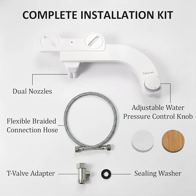 Left Handed Bidet Ultra Slim Left Hand Bidet Attachment with Dual Front & Rear Nozzles and Adjustable Water Pressure - Control Panel on Left Side-Silver Knob