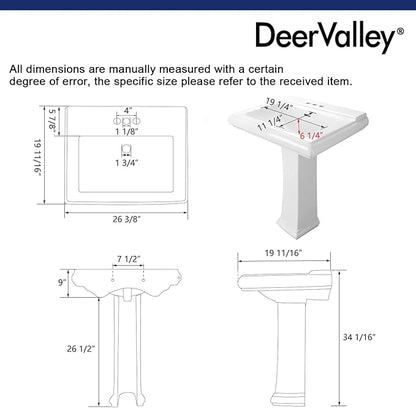 DeerValley 26"L X 20"W Rectangular Pedestal Sink, Apex White Ceramic Pedestal Bathroom Sink with 3 Faucet Holes at 4" Faucet Centers, with Overflow,DV-1P521