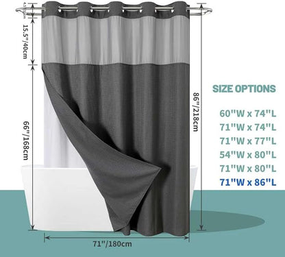 eachope No Hook Long Waffle Shower Curtain, Snap-in Liner,71x86 in,Charcoal | 230 GSM waffle weave fabric, waterproof liner set with 2 bottom magnets, mesh top window, washable, for bathroom or hotel use