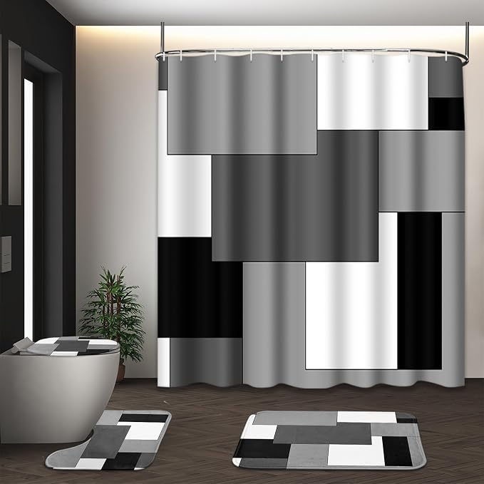 Bathroom Sets with Shower Curtain and Rugs, 4 Pcs, Checkered | Geometric Abstract Modern Bathroom Decor Set with Toilet Lid Cover, Non-Slip Bath Mats and Accessories 12 Hooks
