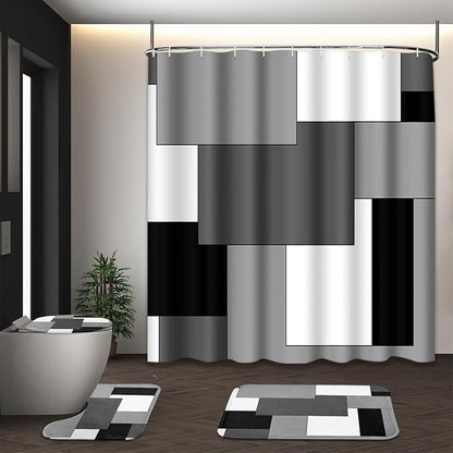 Bathroom Sets with Shower Curtain and Rugs, 4 Pcs, Checkered | Geometric Abstract Modern Bathroom Decor Set with Toilet Lid Cover, Non-Slip Bath Mats and Accessories 12 Hooks