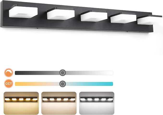 3 Colors Dimmable Black Vanity Light, LED Bathroom Light Fixtures over Mirror, Acrylic Stainless Steel Vanity Lighting Fixtures, 5 Light Bathroom Vanity Light,Adjustable 3000K/4000K/6000K,360° Rotate