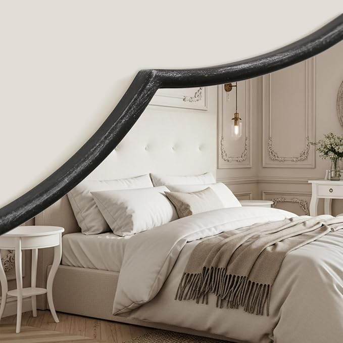 Besdomus Black Scalloped Wall Mirror: 47"x31" Large Wooden Fireplace Mirror | Modern Minimalist Decorative Arched Mirror for Vanity/Dresser/Bedroom/Entryway/Bathroom/Living Room/Dining Room/Over Sink