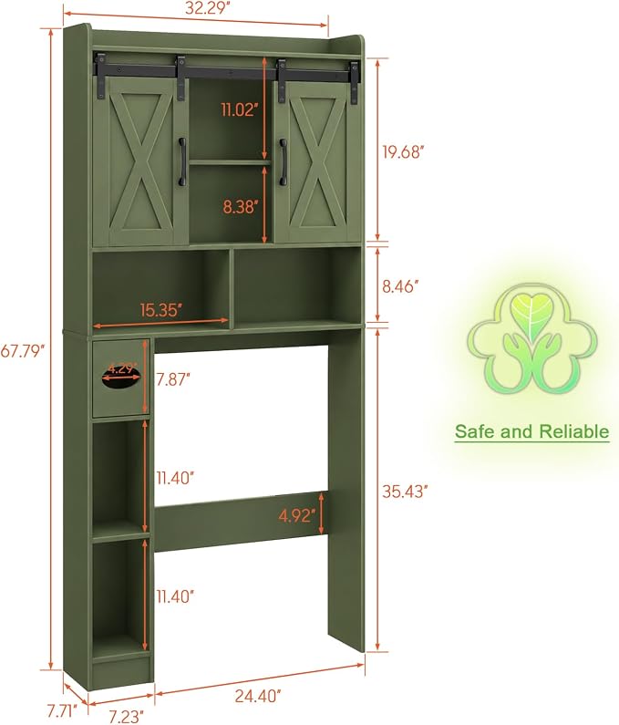Vabches Over The Toilet Storage Cabinet with Sliding Doors, Green | Farmhouse Storage Cabinet Over Toilet, Home Space-Saving Toilet Rack, Toilet Paper Holder Stand,for Restroom,Bathroom,Laundry