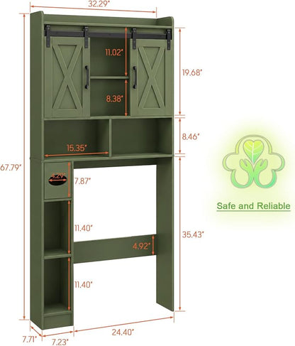 Vabches Over The Toilet Storage Cabinet with Sliding Doors, Green | Farmhouse Storage Cabinet Over Toilet, Home Space-Saving Toilet Rack, Toilet Paper Holder Stand,for Restroom,Bathroom,Laundry