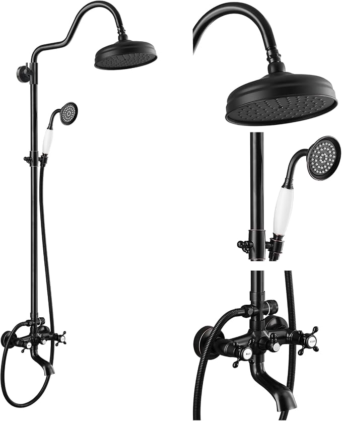 gotonovo Exposed Bathroom Shower System Two Cross Handle Oil Rubbed Bronze | Vintage Brass Tub Shower Faucet Set,8’’ Rain Head with Handheld Spray,Swivel Tub Spout,6’’ Hole Distance,Adjustable Height