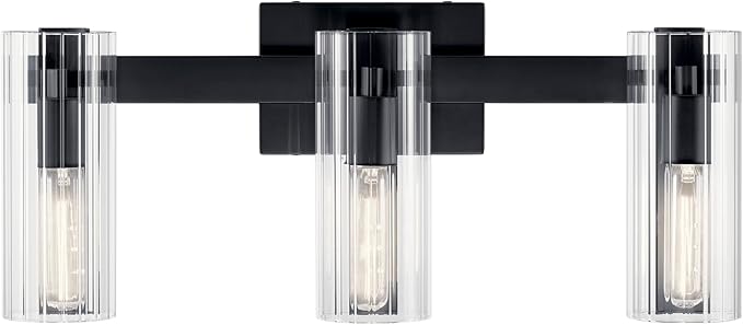 Kichler Jemsa 3 Light Vanity, Modern Light with Clear Fluted Glass in Black for Bathroom or Powder Room (9.75" x 22.75"), 55168BK