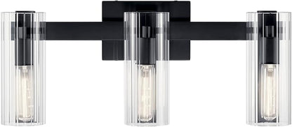 Kichler Jemsa 3 Light Vanity, Modern Light with Clear Fluted Glass in Black for Bathroom or Powder Room (9.75" x 22.75"), 55168BK