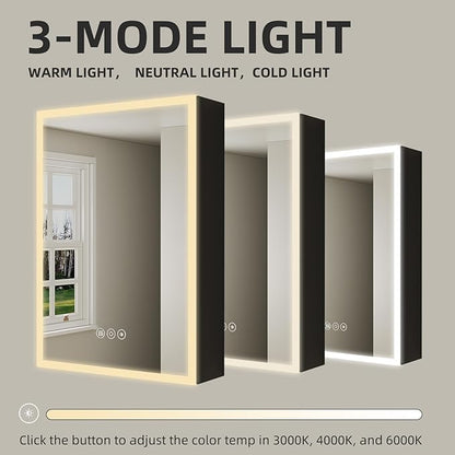 Buruis 16 x 24 Inch Medicine Cabinet with LED Lights and Mirror, Recessed/Wall Mounted Bathroom Cabinet, 3-Color Light, Defogger, Memory Function, Outlet & USB, Dimmer, Black