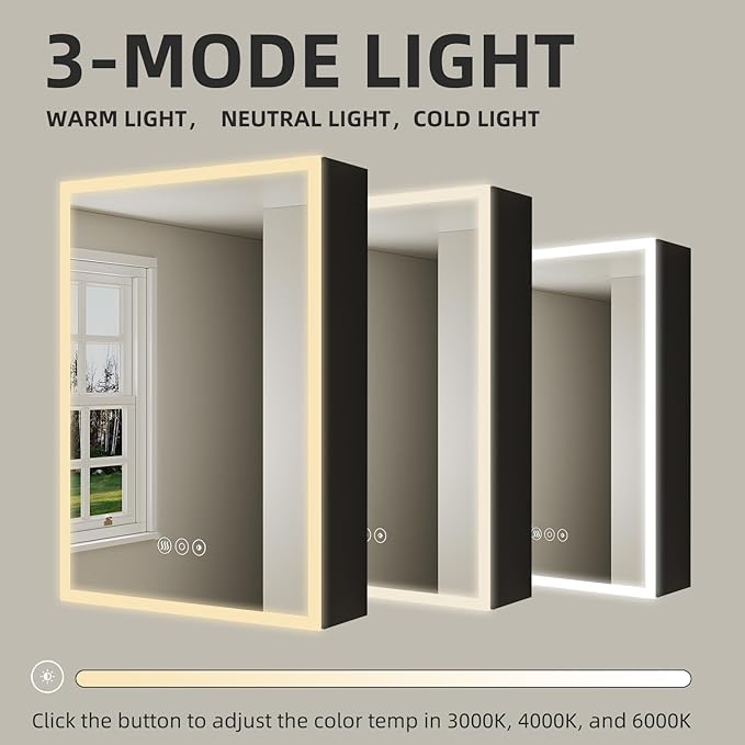 Buruis 24 x 30 Inch Medicine Cabinet with LED Lights and Mirror, Recessed/Wall Mounted Bathroom Cabinet, 3-Color Light, Defogger, Memory Function, Outlet & USB, Dimmer, Black