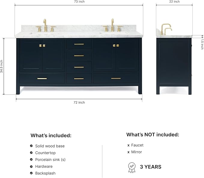 DKB Beckford 72 Inch Bathroom Vanity Double Sink — Midnight Blue Bathroom Vanity with Sink, 1.5" Edge Italian Carrara Marble Countertop & Backsplash, 4 Soft-Close Doors, 6 Dovetail Drawers