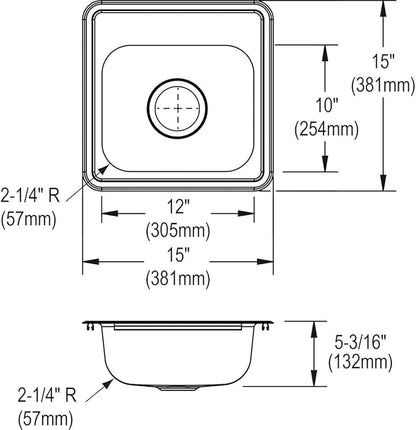Dayton D115162 Single Bowl Drop-in Stainless Steel Bar Sink, 15 x 15 with 3.5" Drain Hole