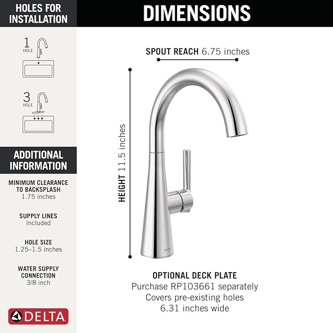 Delta Modern Chrome Single Hole Bar Sink Faucet, Single Handle Prep Sink Faucet, Chrome 14882LF