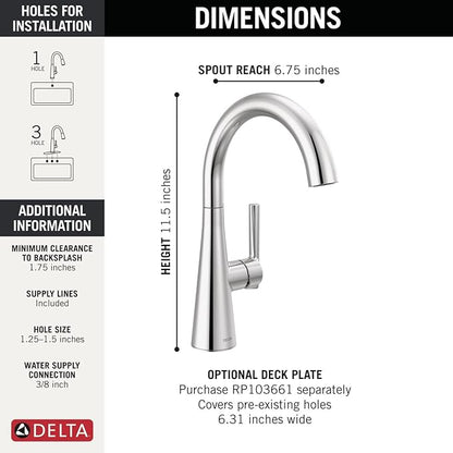 Delta Modern Chrome Single Hole Bar Sink Faucet, Single Handle Prep Sink Faucet, Chrome 14882LF