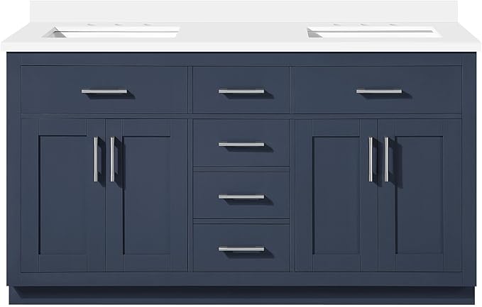 OVE Decors Bailey 60 in. Double Sink Freestanding Midnight Blue Bathroom Vanity with White Quartz Top, Matching Backsplash and Power Bar