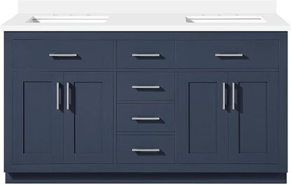 OVE Decors Bailey 60 in. Double Sink Freestanding Midnight Blue Bathroom Vanity with White Quartz Top, Matching Backsplash and Power Bar