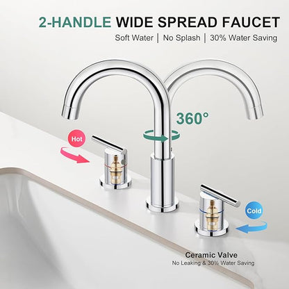 Faustina Chrome Bathroom Faucet,8 Inch Widespread Bathroom Faucets for Sink 3 Hole/Double-Handle 4 Inch 8 Inch Bathroom Faucet with Drain Assembly Stainless Steel Vanity Faucet Basin Mixer Tap