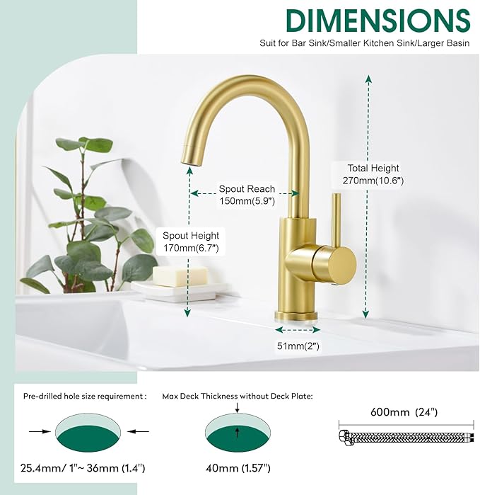 CREA Bar Sink Faucet Single Hole,Brushed Gold Faucets for Large Bathroom Basin/Small Kitchen Sink,Stainless Steel with Deck Plate,Prep Wet Bar Lavatory Vanity Outdoor