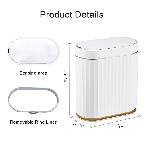 ELPHECO Bathroom Trash Can with Lid, 2 Gallon, Motion Sensor, White Gold | Automatic Garbage Can, IPX5 Waterproof Plastic Wastebasket, Trash Bin for Bathroom, Bedroom, Kitchen and Office