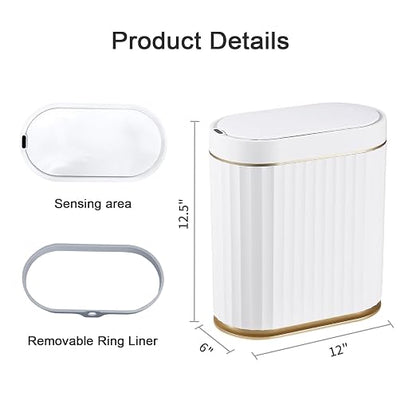 ELPHECO Bathroom Trash Can with Lid, 2 Gallon, Motion Sensor, White Gold | Automatic Garbage Can, IPX5 Waterproof Plastic Wastebasket, Trash Bin for Bathroom, Bedroom, Kitchen and Office